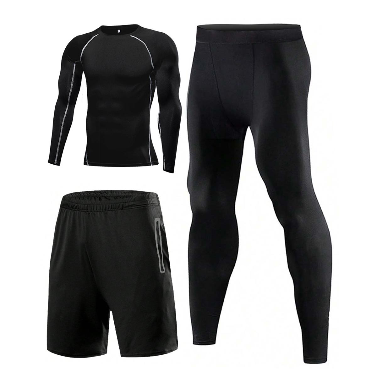 

3 шт./компл., мужской компрессионный костюм для спортзала и фитнеса, одежда с длинными рукавами, колготки для бега, спортивный костюм, спортивная одежда XXL чёрный