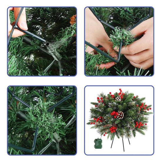 Pre-lit Christmas Tree Urn Filler 20 Inch Artificial Pine Tree with Pinecone Red Berries Battery Powered Light Up Planter Filler with Tripod Stake