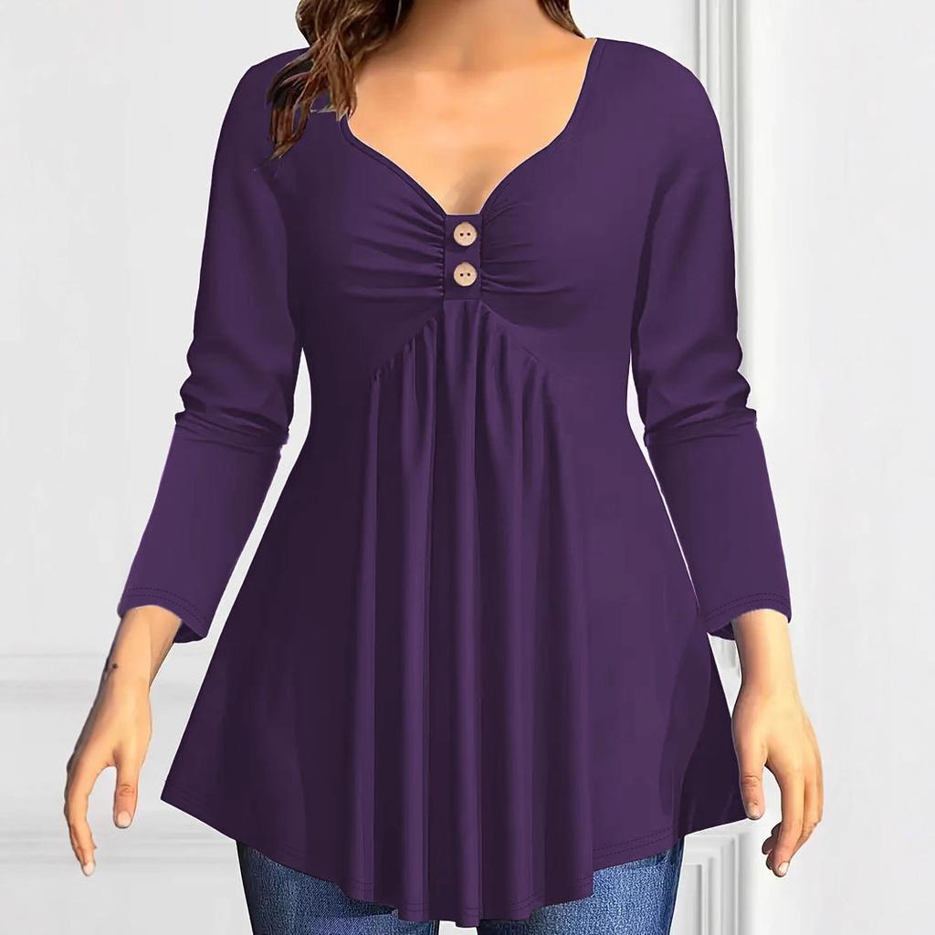 Women's V Neck Long Sleeve Tunic Top Loose Fit Plus Size Solid Ruched Button Detail Flared Hem Casual Blouse