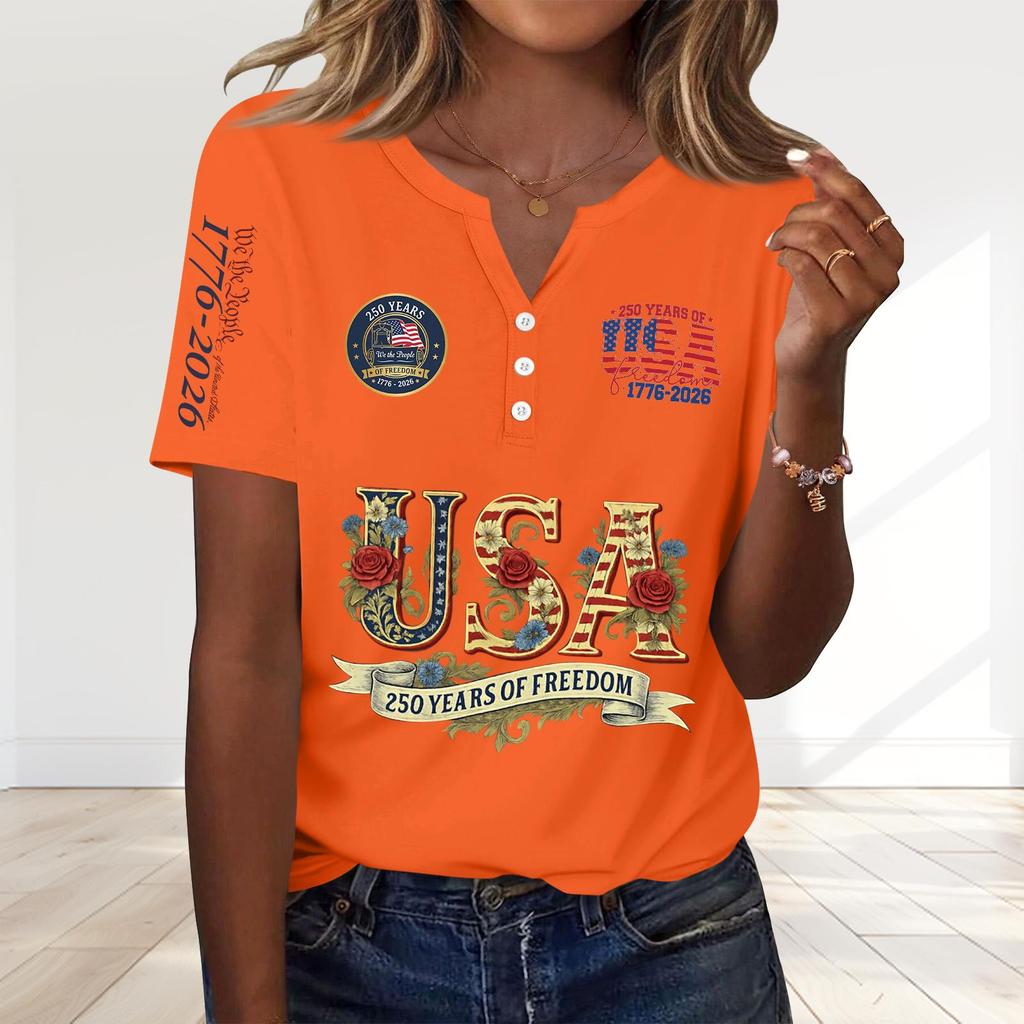 Damenmode Lässig 250. Jahrestag Unabhängigkeitstag Druck V-Ausschnitt Kurzarm Dekoriert Knopfleiste T-Shirt
