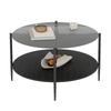 Moderner minimalistischer Wohnzimmer-Couchtisch, mit einer runden schwarzen Glasplatte, kombiniert mit einer schwarzen Holzunterschicht, schön und praktisch.