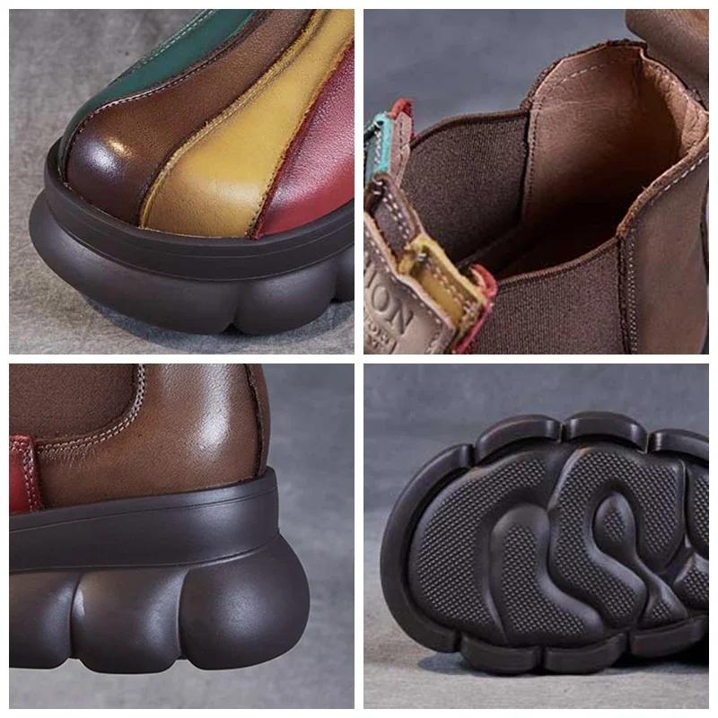 7cm Women Boots Genuine Leather Wedge Spring Mixed Color Chimney Fashion Ankle Elastic Platform Moccasins Autumn Shoes