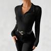 Women's Fashion Casual Long-Sleeved Solid Color Slim Fit V-Neck Nibbed T-Shirt Ladies T-Shirt Tops