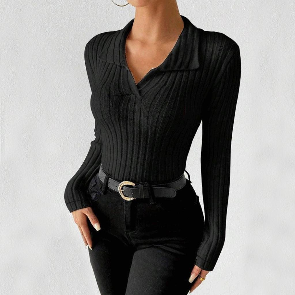 Women's Fashion Casual Long-Sleeved Solid Color Slim Fit V-Neck Nibbed T-Shirt Ladies T-Shirt Tops