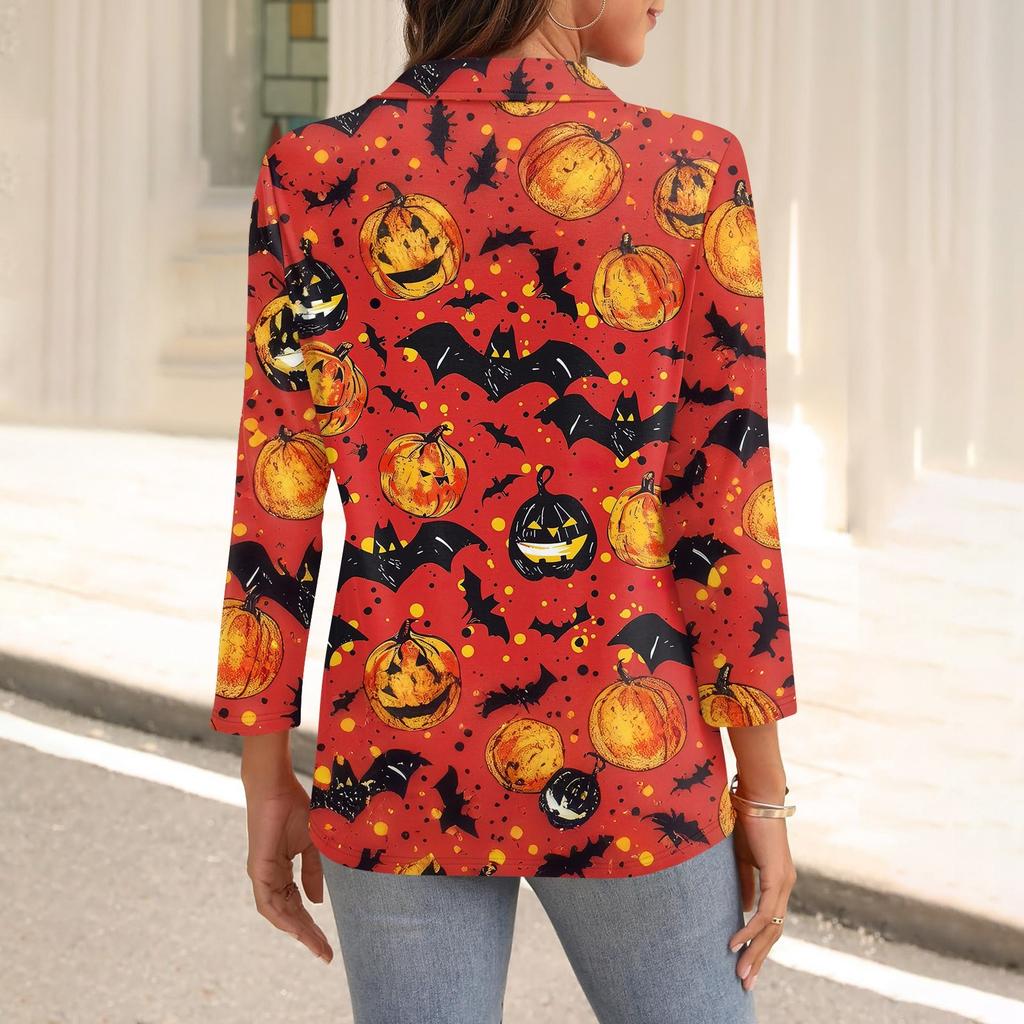 Women's Fashion Casual Lapel 3/4 Sleeve Halloween Print Shirt Women's V-Neck Tops