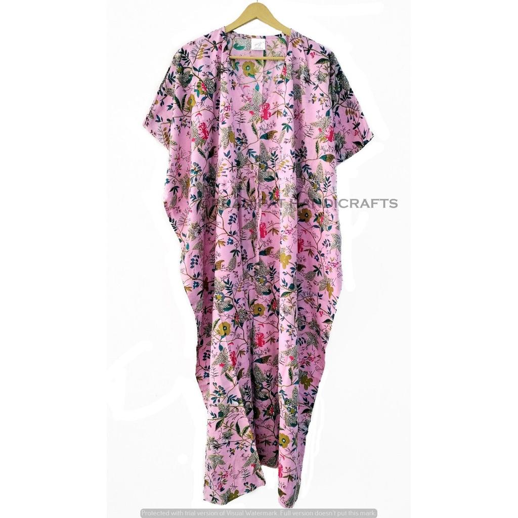 Indisches Pink Langes Baumwoll-Hippie-Maxikleid mit Blumendruck Damen Nachtwäsche Kaftan Kleid CKFTN-SCRN-FULL-BUYIT-144
