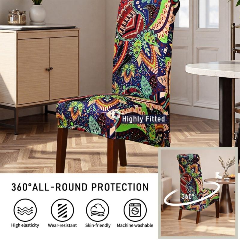 4 Pack Elastic Ethnic Pattern Dining Chair Covers Water Resistant Removable Washable Seat Protectors for Home Decors