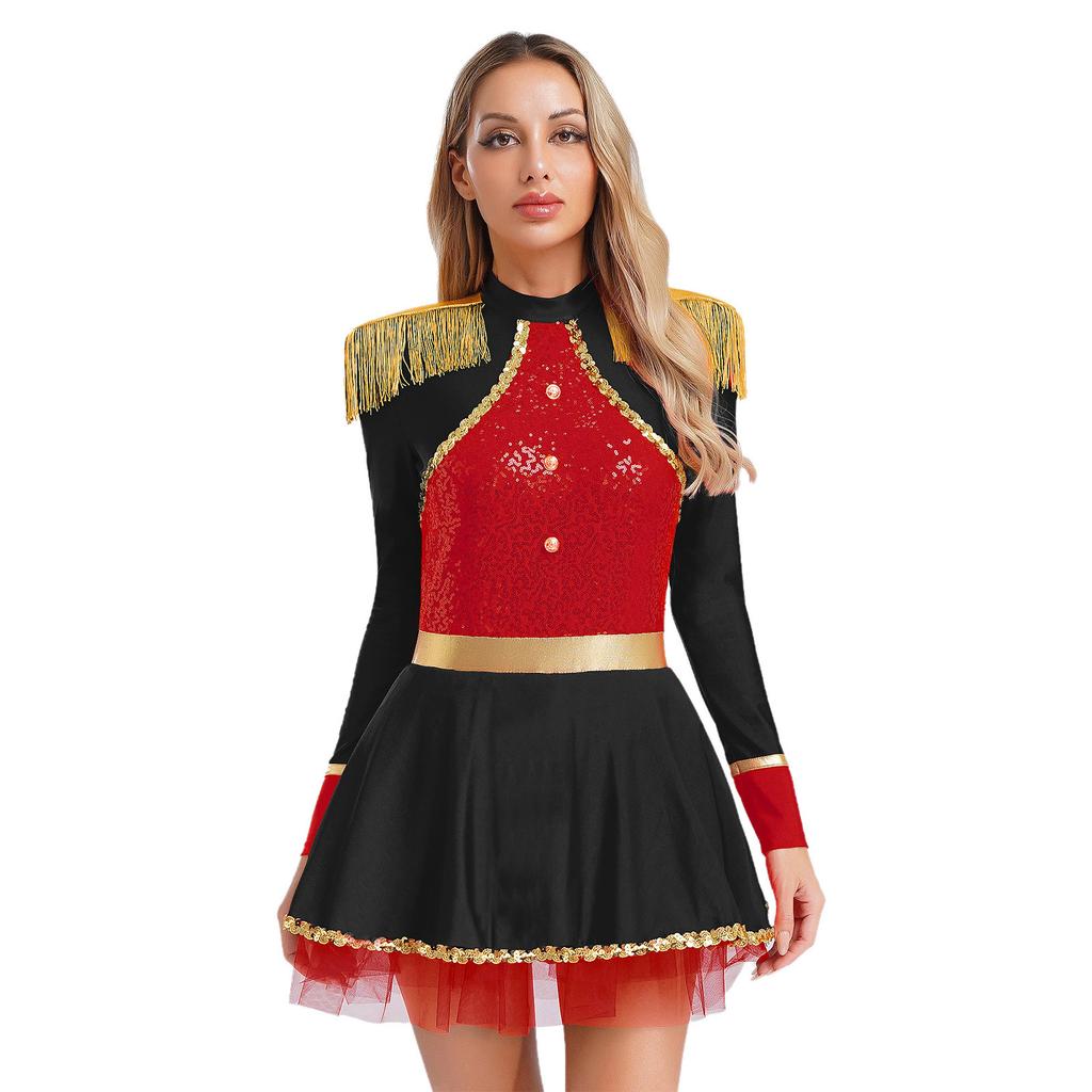 Women Circus Ringmaster Bodysuit Dress Long Sleeves Fringe Shoulder Patches Sparkly Sequins Halloween Costume