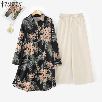 ZANZEA Women Print Blouse and Pants Summer Two Piece Suit Sets