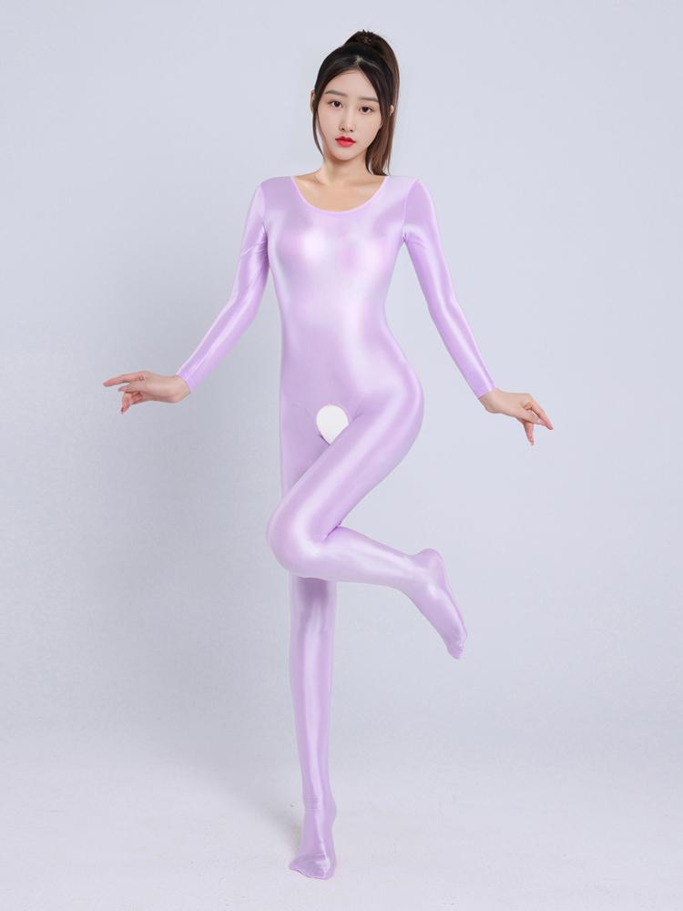 Sexy Women Candy Color Jumpsuit High Elastic Slip Satin Shiny Bodysuit Slimming Tight Open Crotch Leotard Shaper Wear