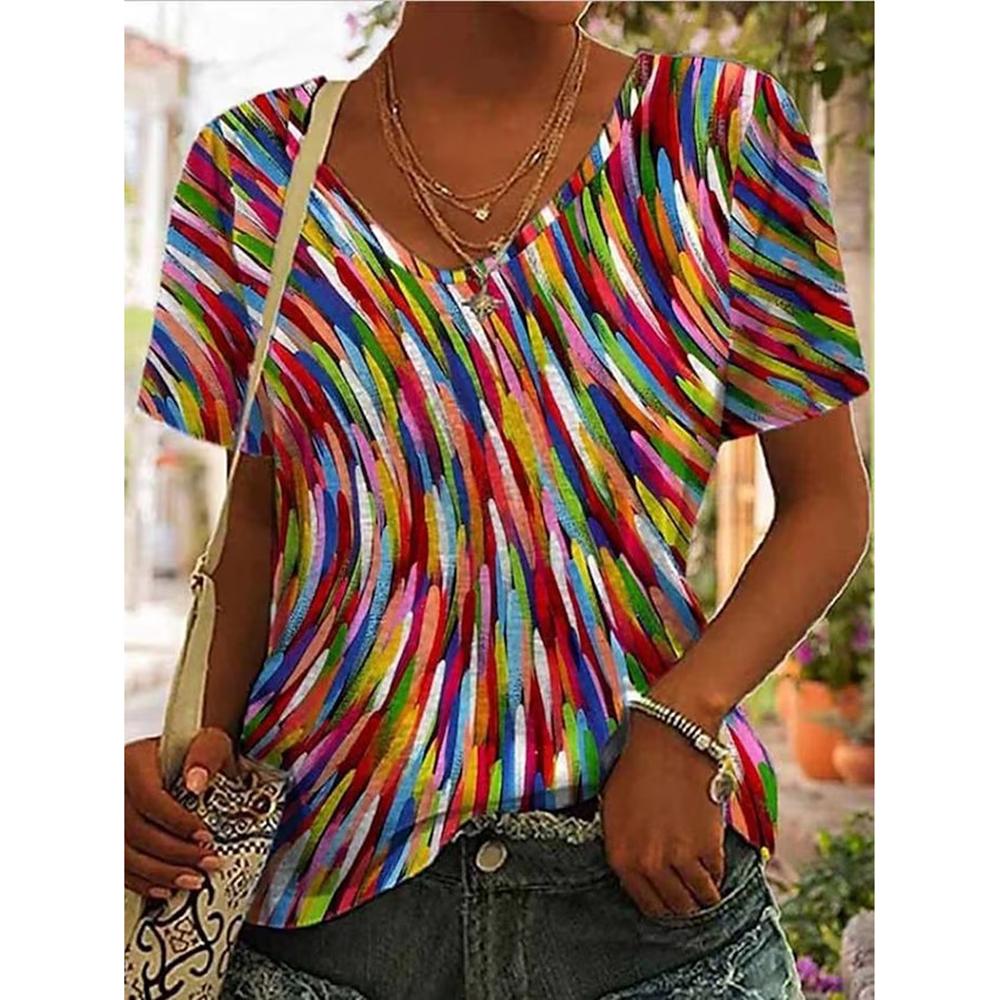 Summer Women's T-Shirt Vintage Casual Black Fashion V Neck Pullover Short Sleeve Printed Loose Daily Tops Design Clothe