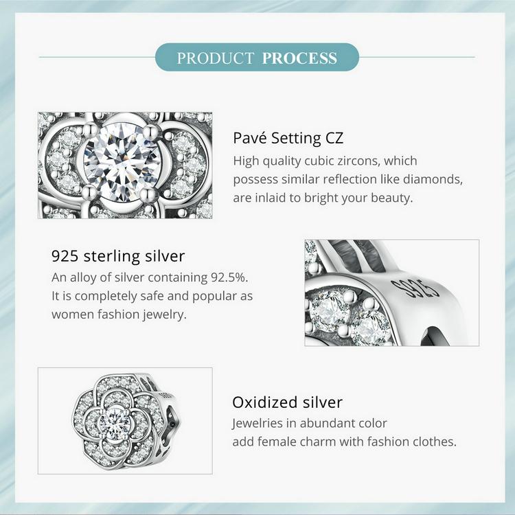 Bisaer 925 Sterling Silver Camellia Charm Beads for Women Original Bracelet Jewelry