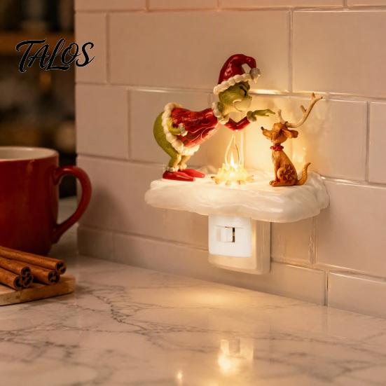 Warm Twinkling Christmas Decor Night Light, Santa Claus Grandma Bonfire Resin LED Lamp Holiday Nursery for Bedroom, Plug-in Festive Ambient
