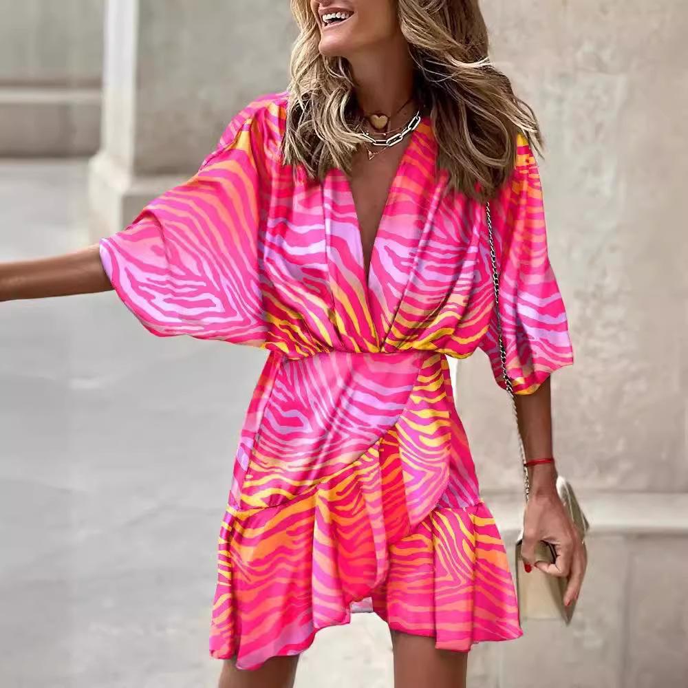 QICED Women's Autumn Bat Sleeve V-Neck Hem Irregular Dresses