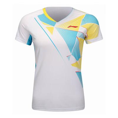 Серія Бадмінтон Смугастий Кольоровий Блок V-подібний виріз Зручна Дихаюча Коротка Рукава Бадмінтонна Сорочка Жіночі Топи Стандартний-Білий AAYU140-2