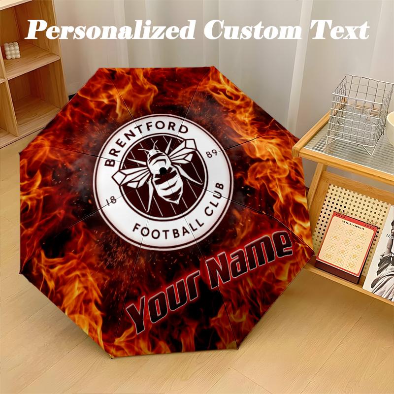 8 Rib Auto Folding Umbrella Brentford Football Print Custom Name Text Portable Rain Gear