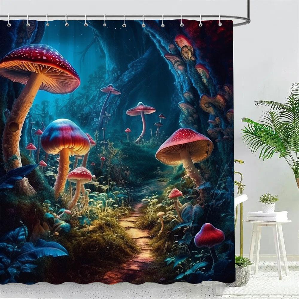 Fantasy Forest Mushroom House Shower Curtain Pretty Cartoon Pattern Polyester Fabric Kids Bath Curtain Bathroom Decor With Hooks