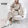 Daily Wear Dresses Women Knit Sweater Dress for Fall Winter, Ribbed Long Sleeve with Solid Color Side Split, Casual Collared V Neck Midi Machine