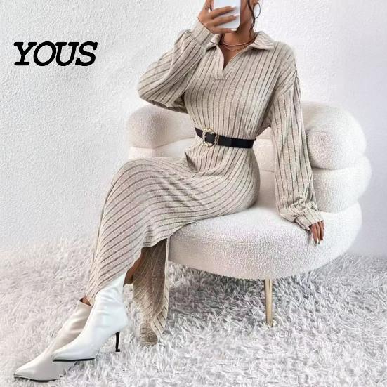 Daily Wear Dresses Women Knit Sweater Dress for Fall Winter, Ribbed Long Sleeve with Solid Color Side Split, Casual Collared V Neck Midi Machine