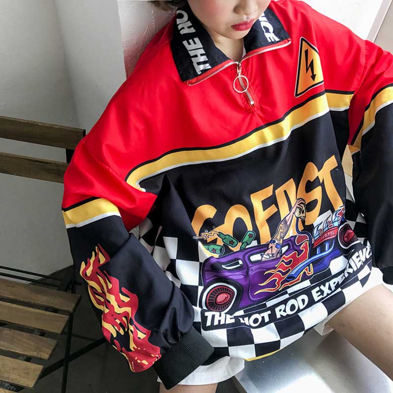 Women Jacket Trendy Tops New Harajuku Style Flame Printing Loose Sweatshirt Casual Oversize Hoodies Hip-hop Fashion