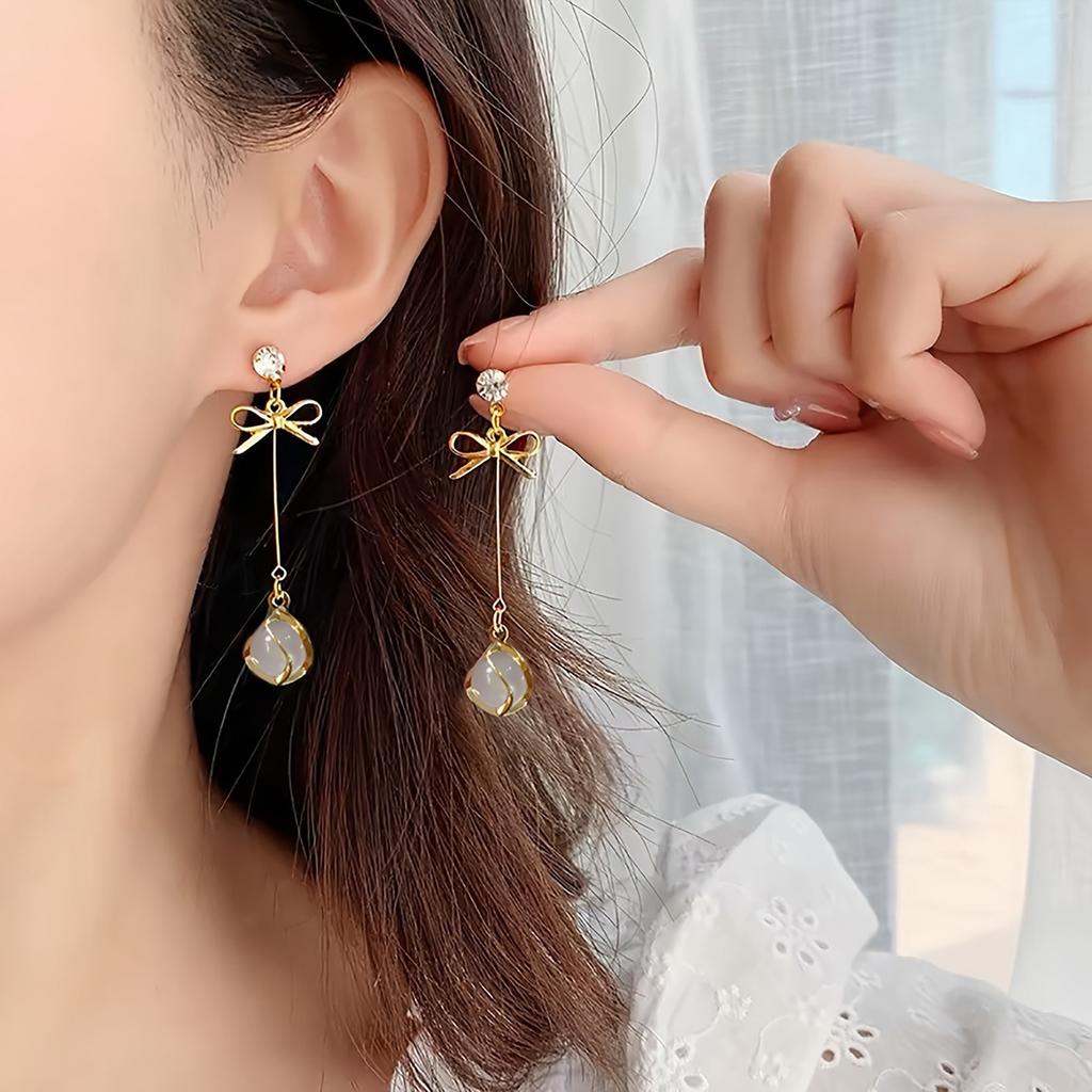 1 Pair Elegant Simple Tassel Earrings Exquisite Glass Beads Bow Knot Design Fashion Daily Accessories Women's Jewelry Earrings