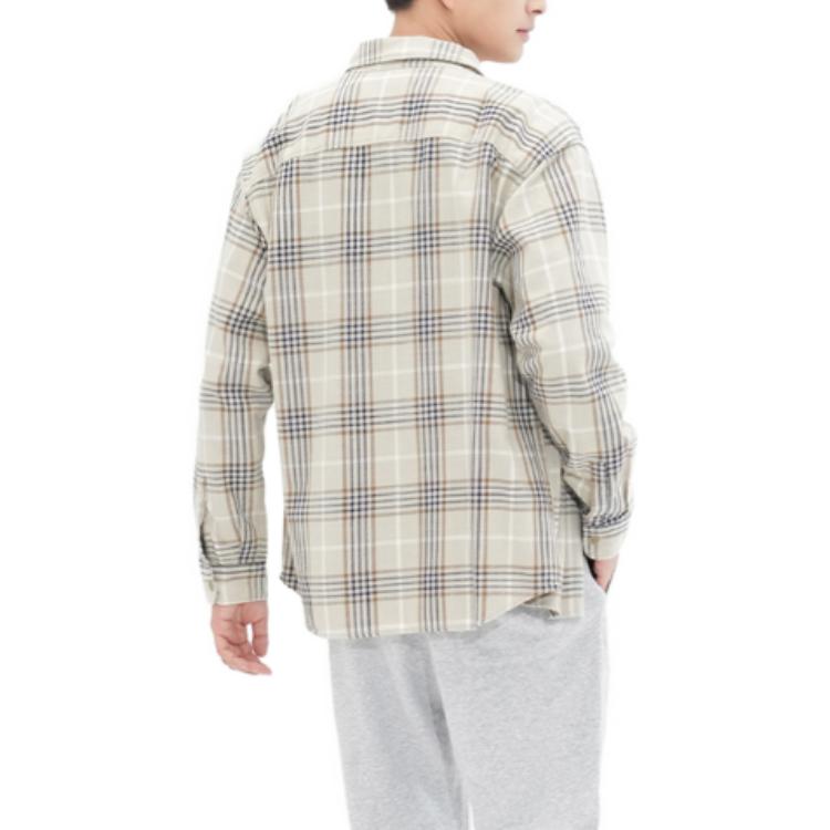 UNIQLO Checkered Stripe Pointed Collar Long Sleeve Shirt Unisex shirts Beige 462388-31