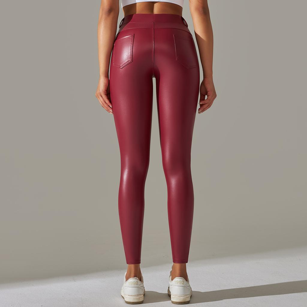 Pantaloni din piele PU de buzunar Tummy Tuck Pantaloni de yoga cu talie înaltă Niners din plastic