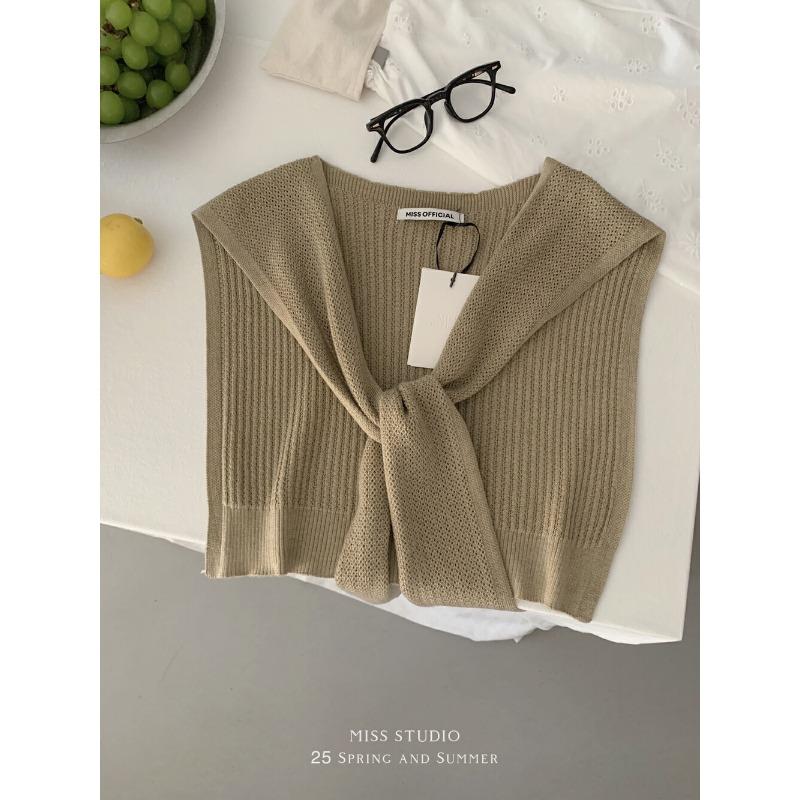 Solid color knitted small shawl fashionable versatile hollow high-end atmosphere white temperament outer small shawl