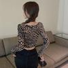 Women T-Shirts Square Neck Slim Fit Basic Layering Crop Top Pullover Leopard Print Long Sleeves Sexy T Shirt