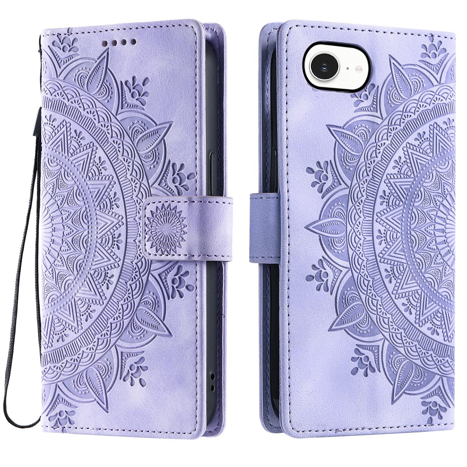 

For iPhone 16e Case Imprinted Totem Skin Feel Wallet Leather Phone Cover Purple