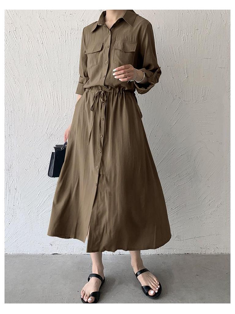 2024 Japanese & Korean Style Sleeveless Pocket Long Swing Casual Lapel Shirt Dress