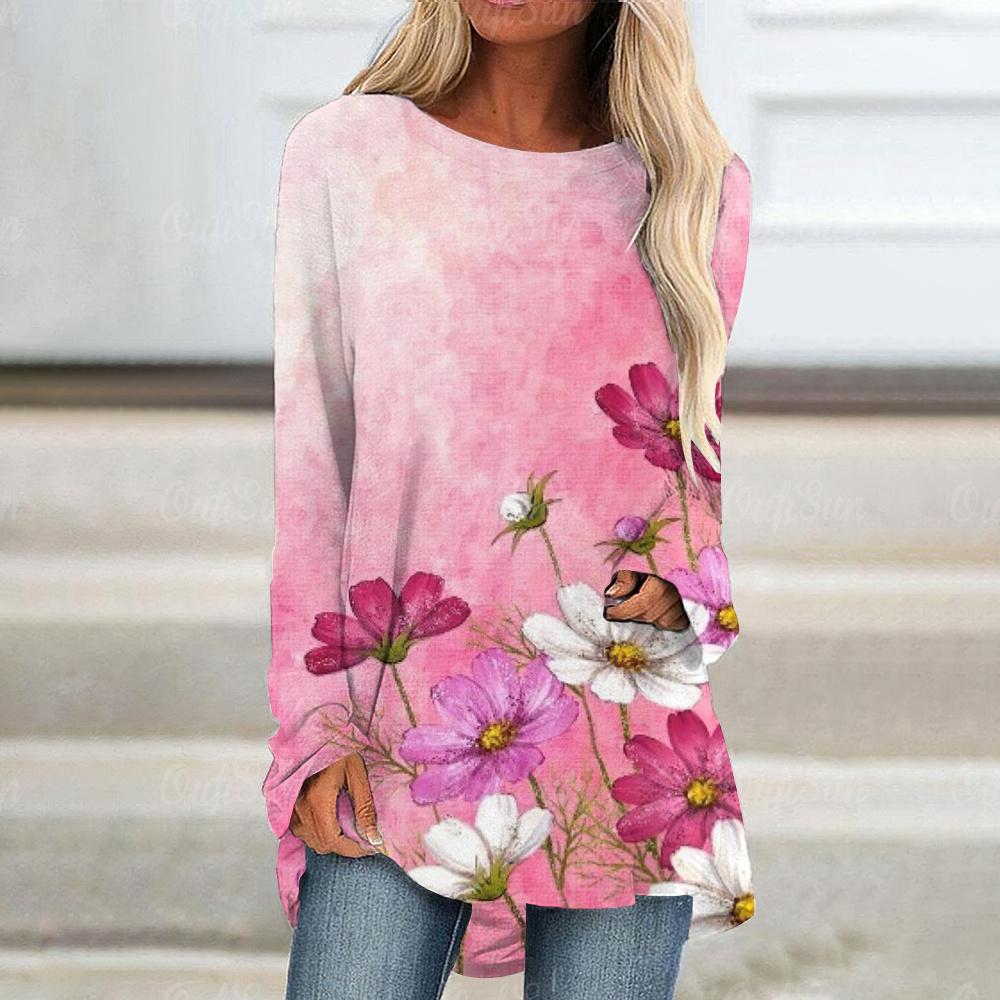 

Новый женский осенний женский свитер с длинным рукавом и круглым вырезом, розовый пуловер с цветочным принтом, футболка для женщин, одежда из искусственного хлопка, уличная одежда