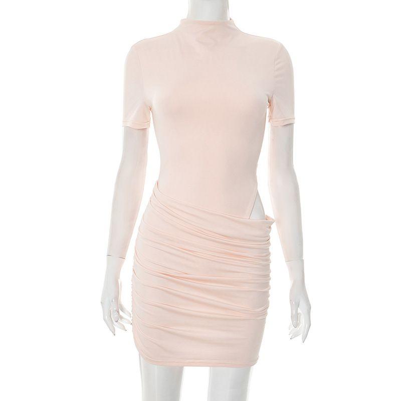 

Outfitgirl5 Pink Midriff Outfit Short Sleeve Slim Fit Skirt American Style Skinny Sheath Half Turtleneck Dress Pink S