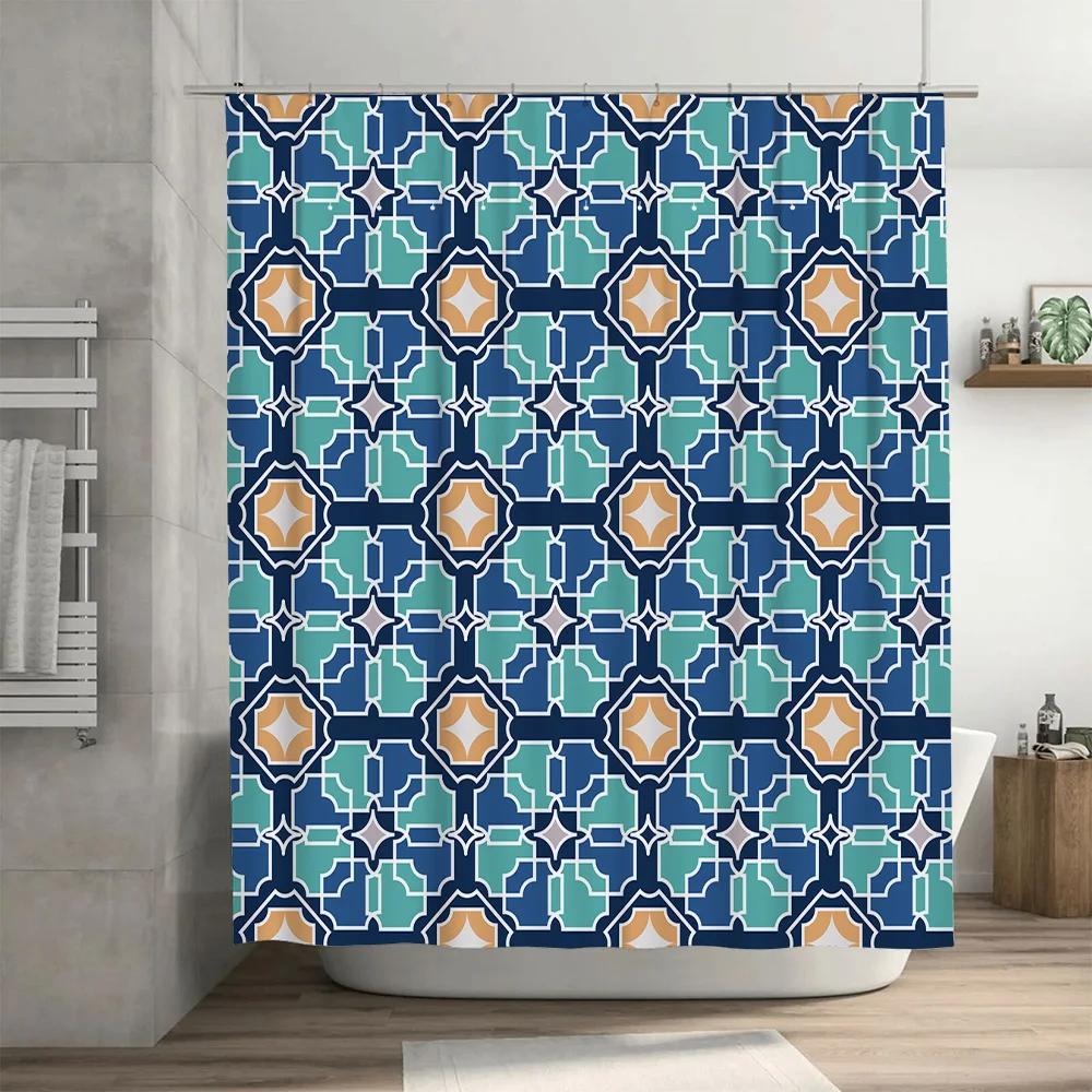 Modern Geometric Printed Shower Curtain Waterproof Bathroom Decor Navy Blue Mint Green White Orange Modern Bath Liner with Hooks