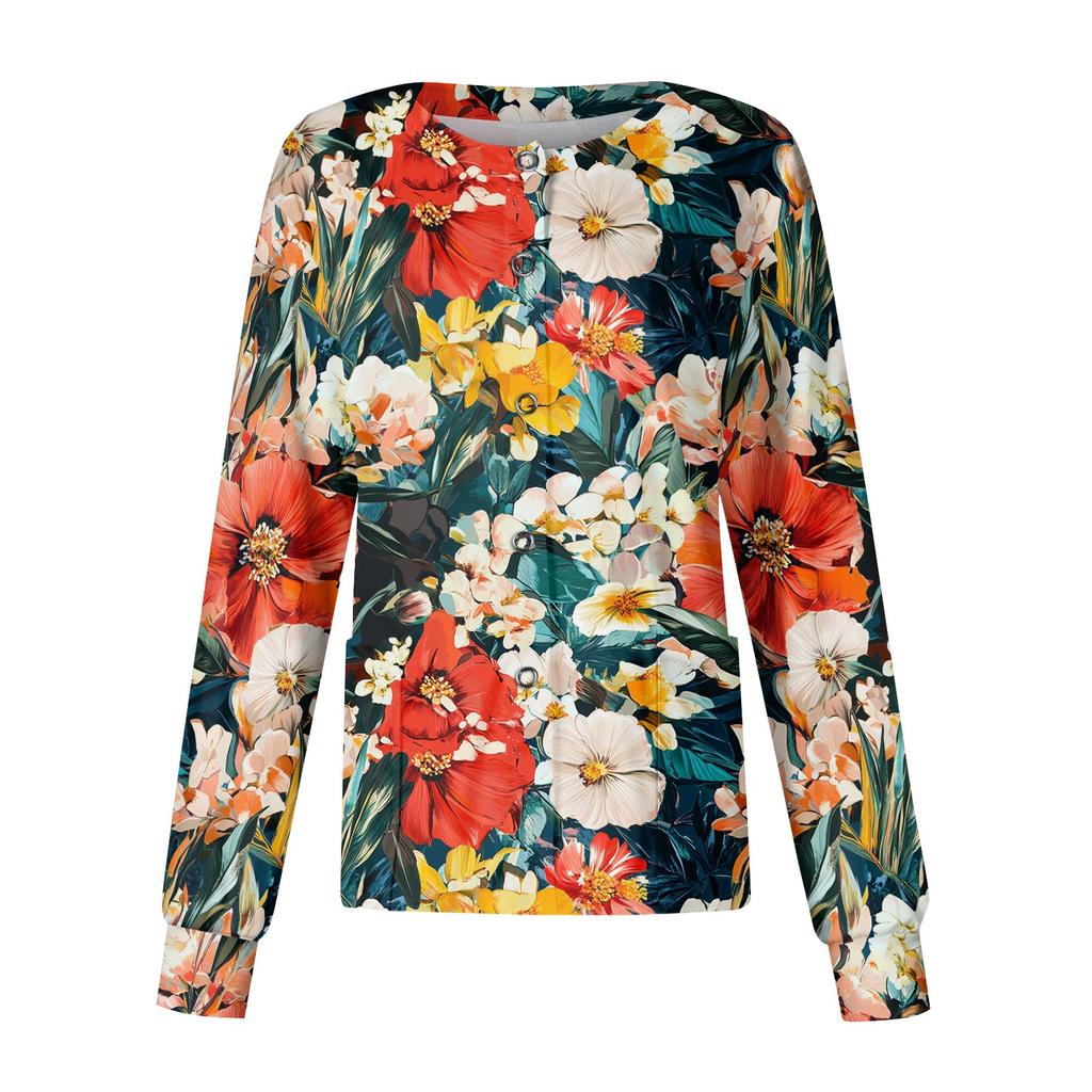 Women's Long Sleeve Button Front Floral Print Medical Scrub Top Lightweight Comfortable Fit Nursing Uniform Shirt