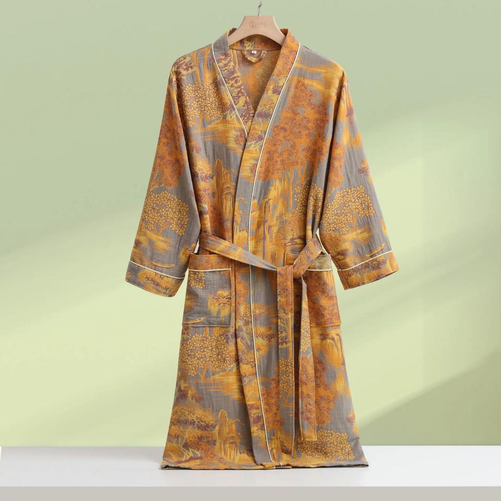 Print Flower Cotton Gauze Kimono Bathrobe Gown Female Robe Negligee Loose Home Dressing Gown Sleepwear Spring Summer Nightwear