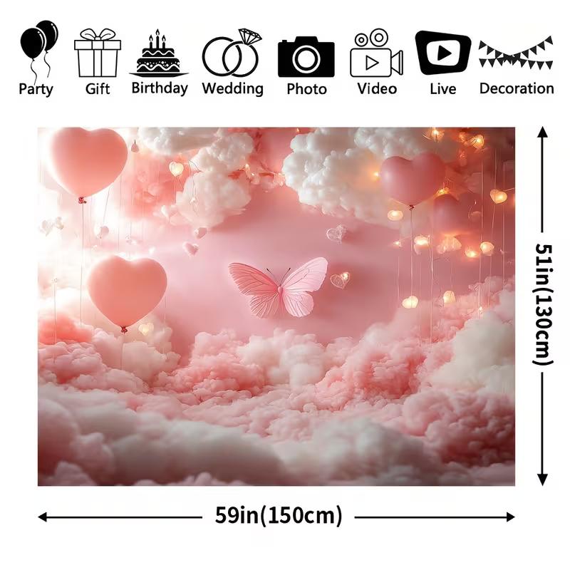 Sfondo 2D Fantasioso Cielo Rosa con Palloncini a Forma di Cuore, Nuvole e Farfalla per Servizi Fotografici a Tema Maternità e Amore