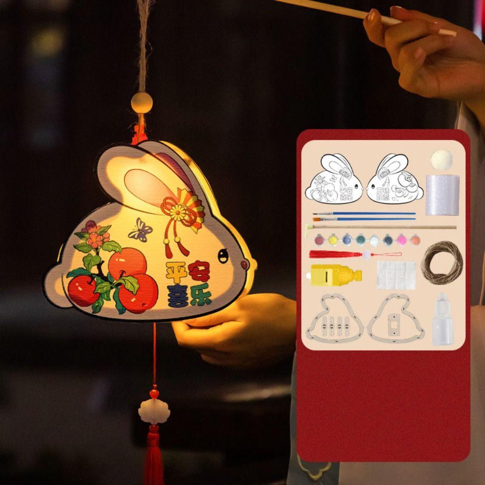 Rabbit Portable Flower Lantern Chinese Style Luminous Toys Mid-Autumn Wooden Lantern  Children's