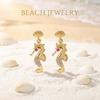Elegant Pink Clear Rhinestones Seahorse Drop Earrings for Women Gold Color Shell Studs Nautical Ocean Theme Jewelry Summer Gift