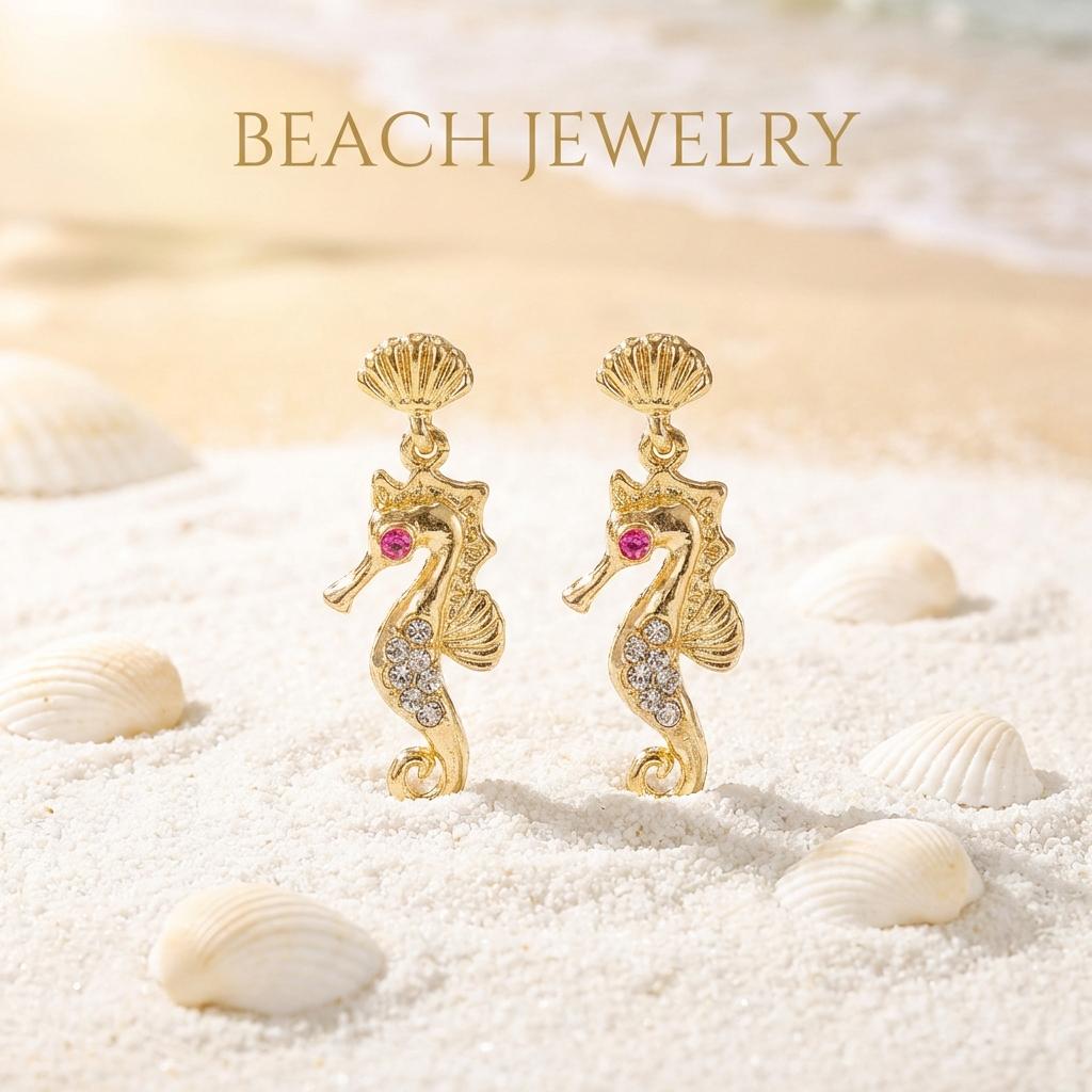 Elegant Pink Clear Rhinestones Seahorse Drop Earrings for Women Gold Color Shell Studs Nautical Ocean Theme Jewelry Summer Gift