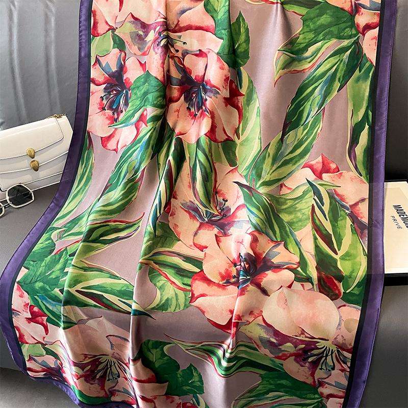 Sidenhalsdukar Kvinnor Lyxmärke Hijab Sjal Blommig Foulard Femme Sjalar Omslag Sidenbandana Huvudduk Hijab Strandponcho