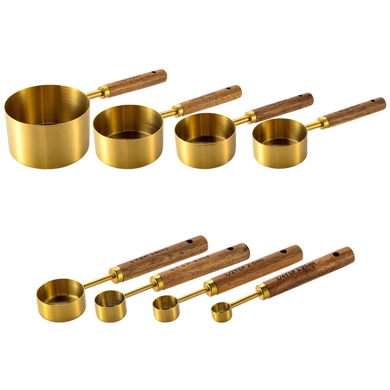 Gold Plated Stainless Steel Measuring Set with Wooden Handles