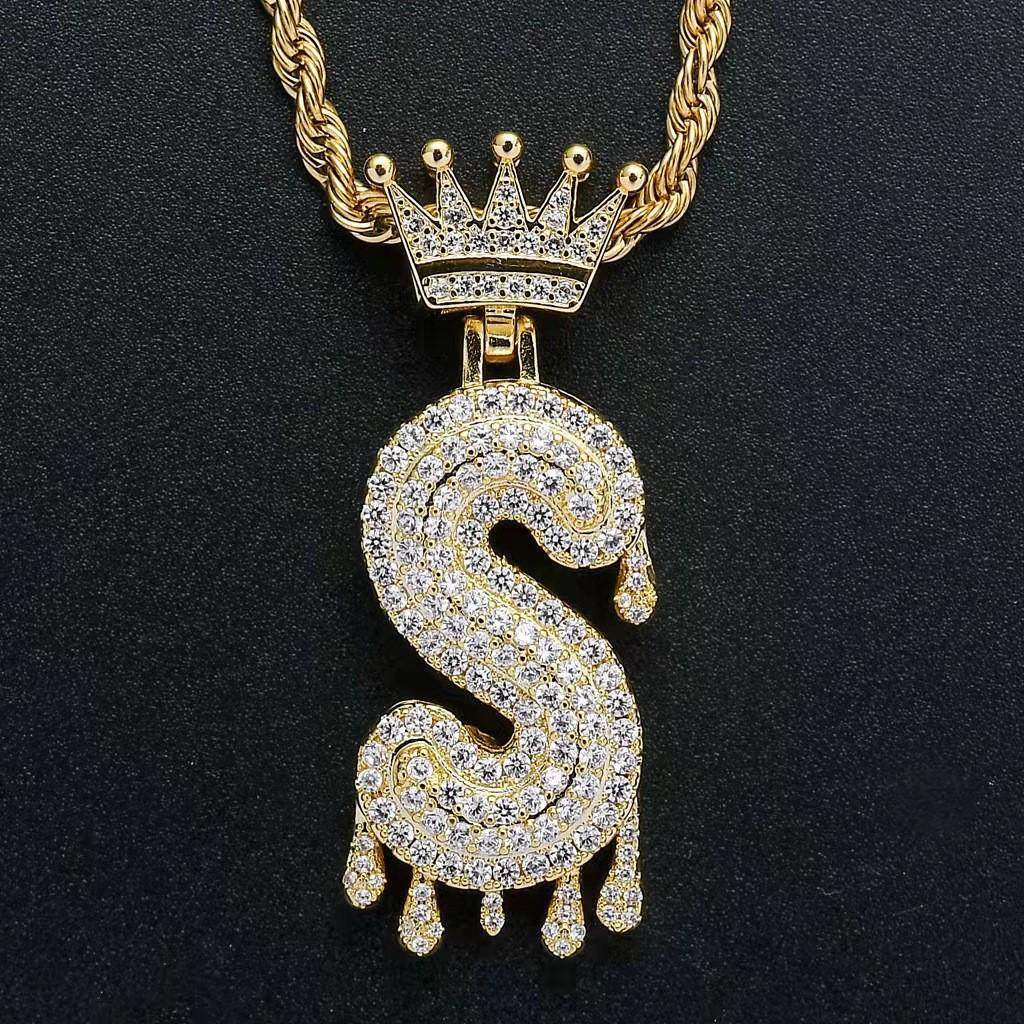 Stylish Hip Hop Zircon Crown Pendant Necklace with 26 English Letters for Women