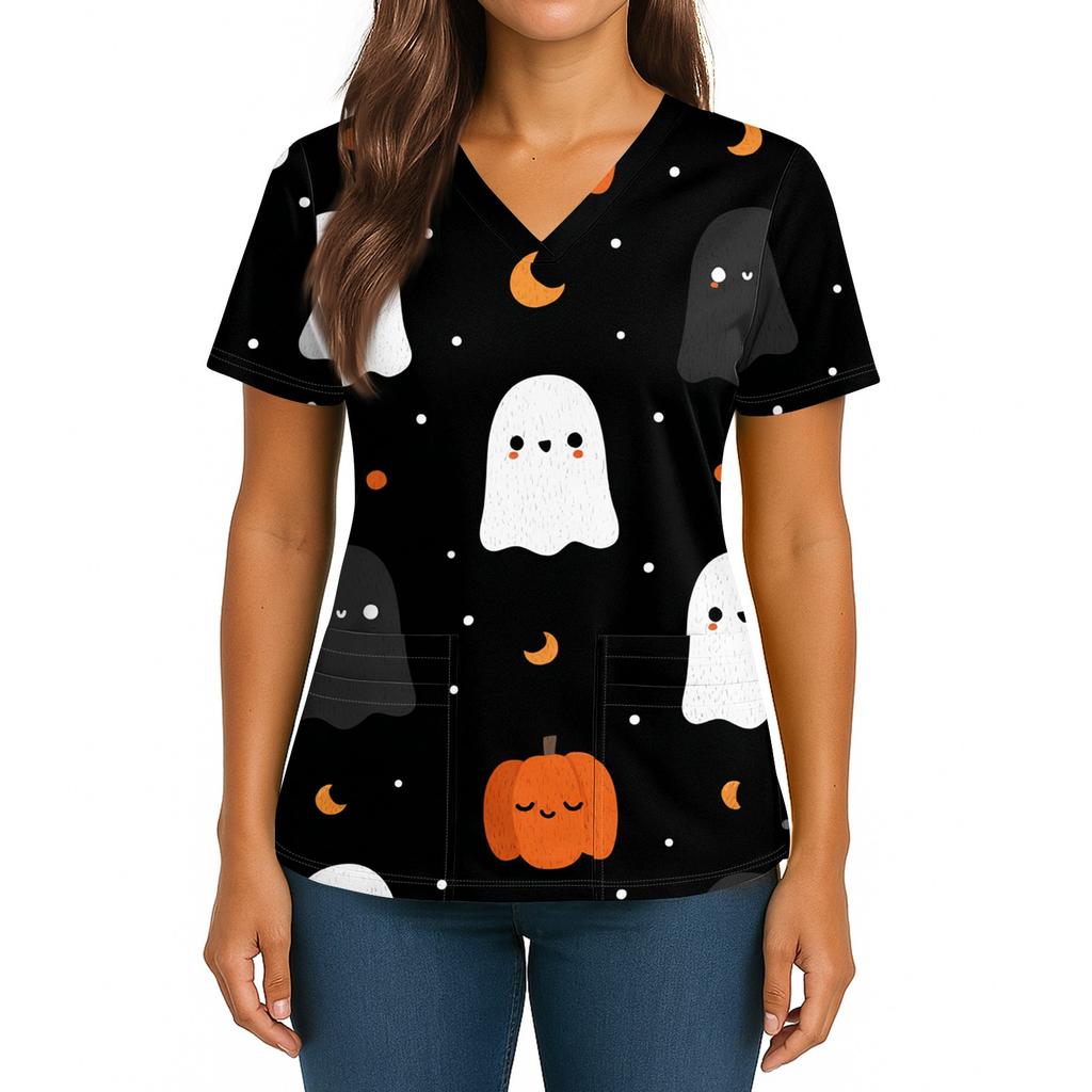 Damen Halloween Bedrucktes V-Ausschnitt Doppel-Taschen Kurzarm Saumschlitz Uniform Pflegekraft Oberteil