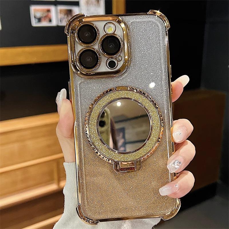 Compatible with iPhone 17/16 Pro Glitter Makeup Mirror Magnetic Stand Case, Airbag Drop-Proof for iPhone 14/15.
