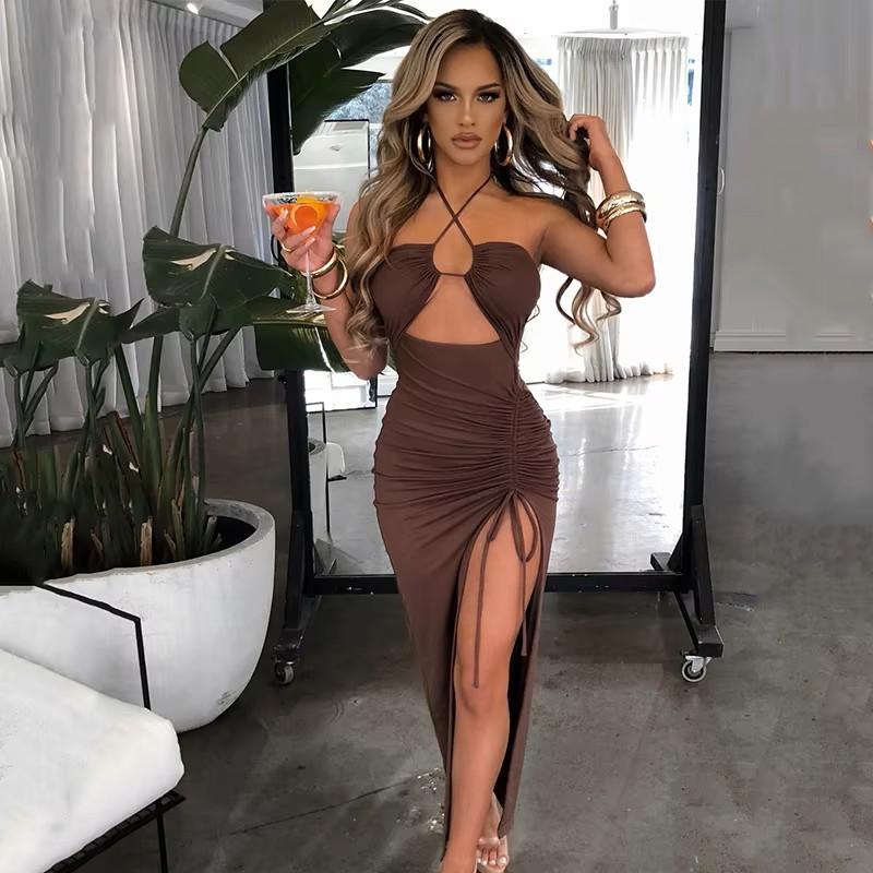 Sleeveless Sexy Slim Female Midi Dress Slim Hollow Out Backless Shoulder Off Halter Night Club Partywear Clubwear Women Bodycon Elegantes Strap