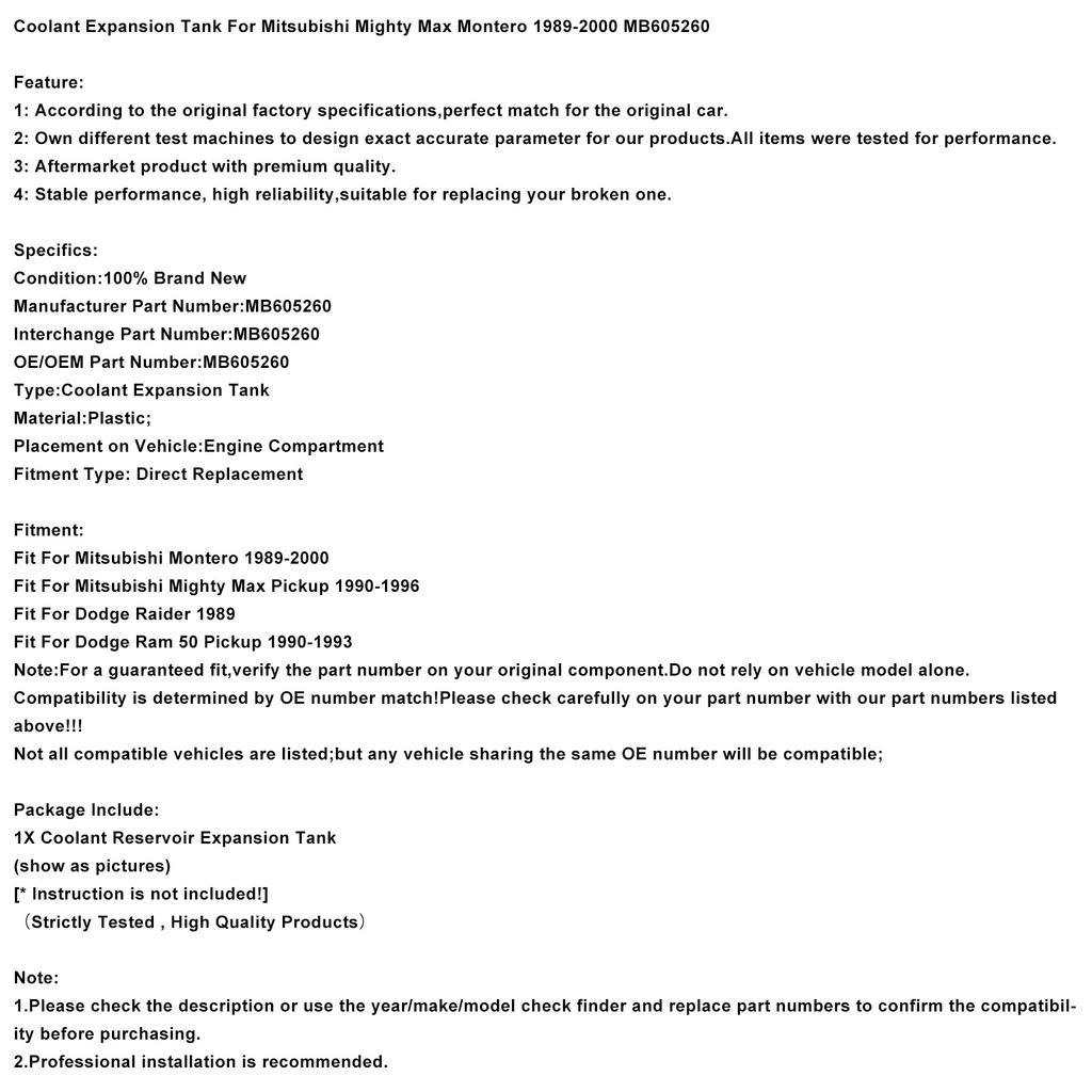 Kühlmittel-Ausgleichsbehälter für Mitsubishi Mighty Max Montero 1989-2000 MB605260
