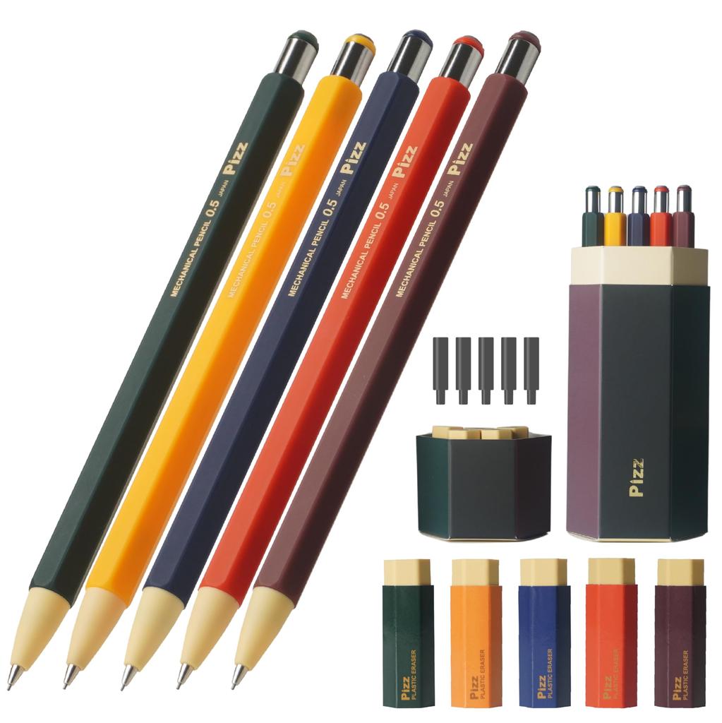 of Pizz mechanical pencil and replacement hexagonal presentation box made in Japan [Set 5] pencil-like eraser, eraser, included, 0.5mm