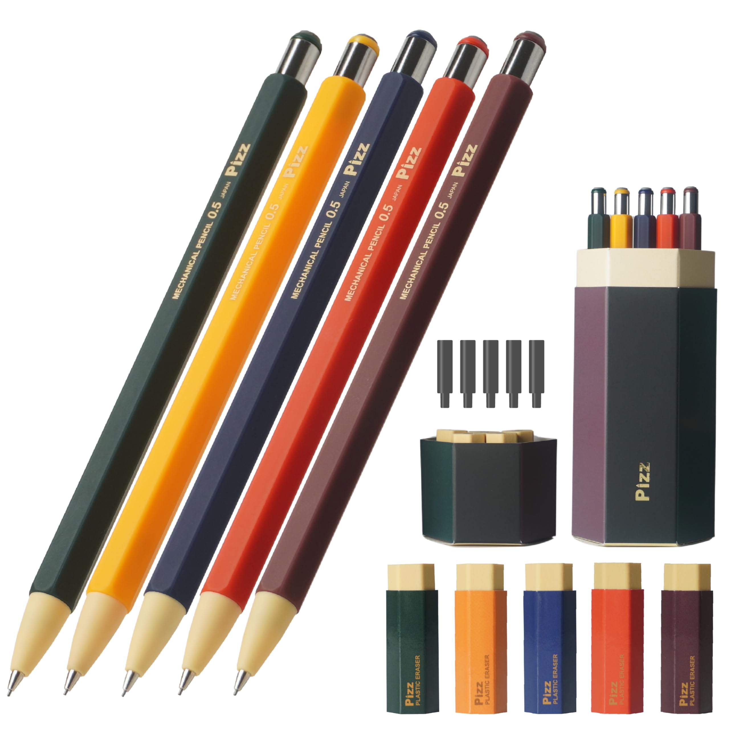 

механический карандаш Pizz и сменный шестигранный подарочный футляр, сделано в Японии [Набор 5] ластик в виде карандаша, ластик, в комплекте, 0,5 мм