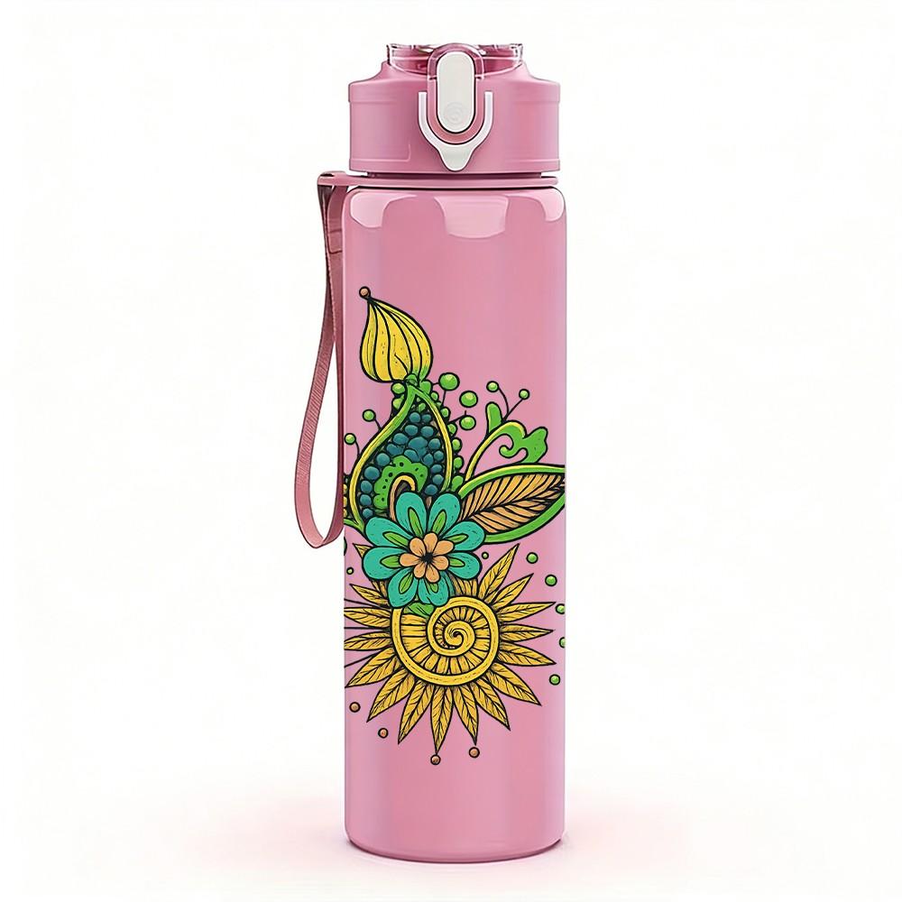 1PC Peacock Floral Mandala Print 750ml Color Plastic Sports Water Bottle Leakproof Flip Straw Lid Suitable for Sports Office Home Use